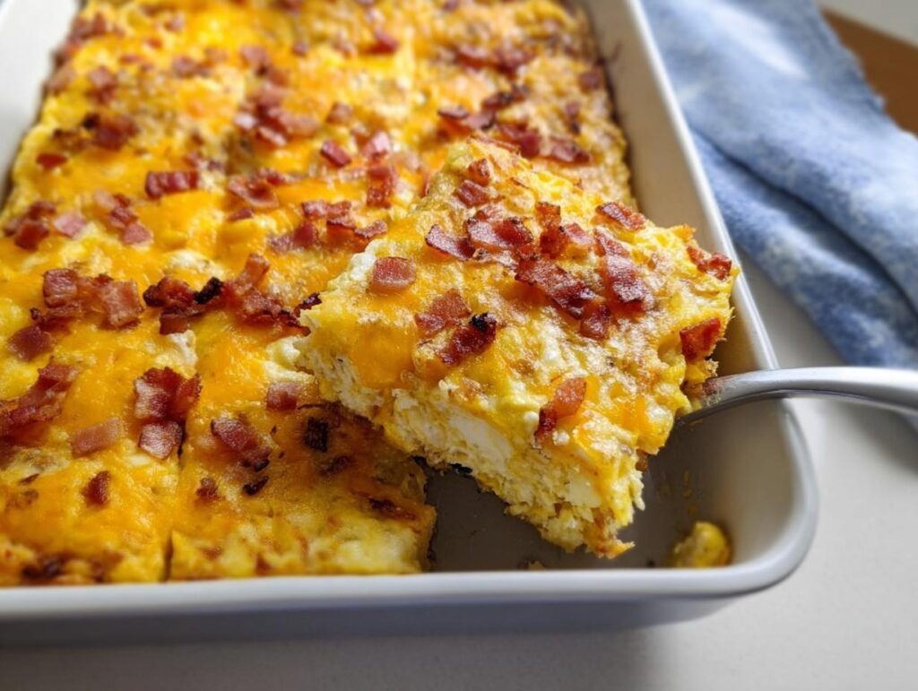 A slice of restaurant-style breakfast casserole with bacon and cheese being lifted from a baking dish.