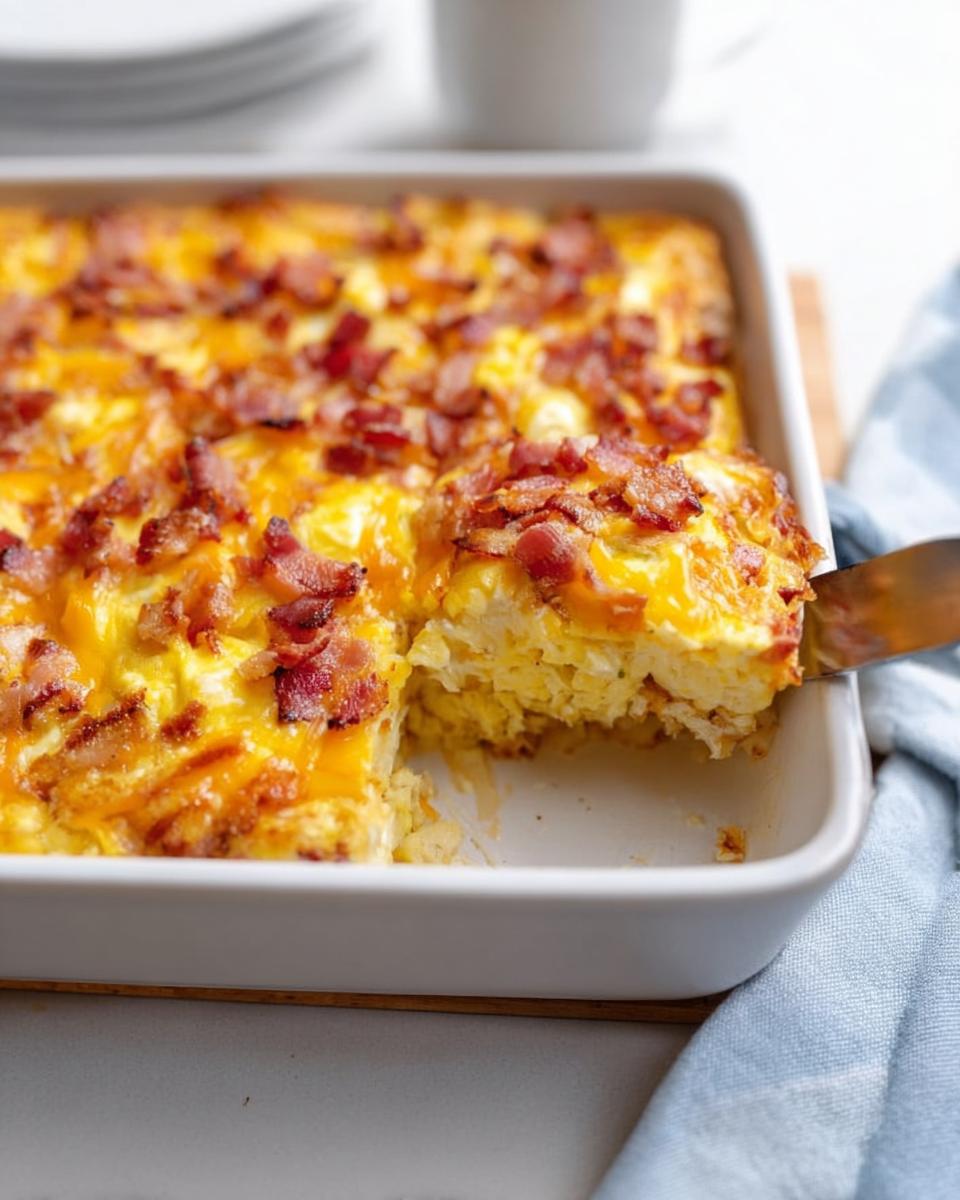 A slice of restaurant-style breakfast casserole with eggs, cheese, and bacon being lifted from a baking dish.