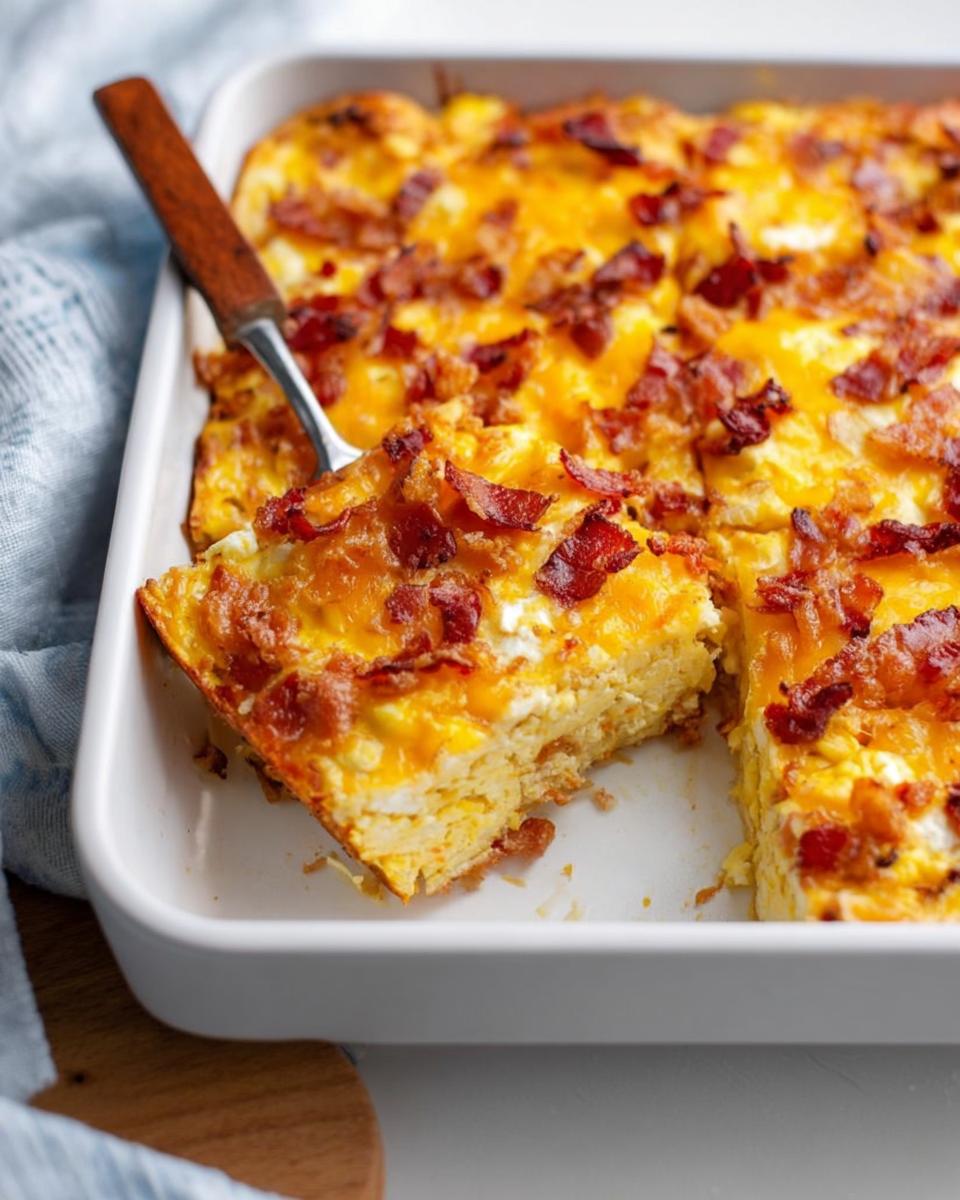 A slice of restaurant-style breakfast casserole with bacon and melted cheese being lifted from a baking dish.
