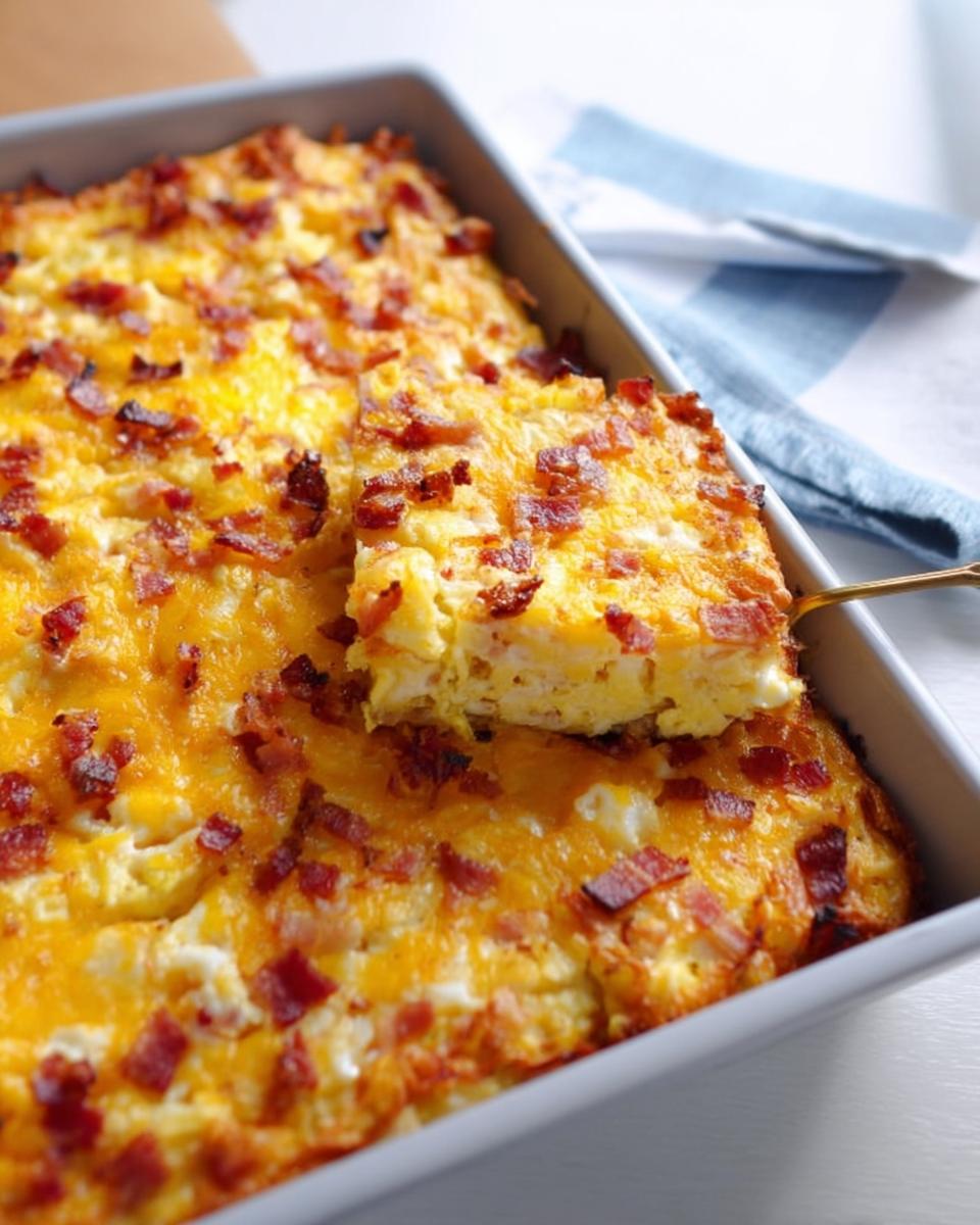 Close-up of a restaurant-style breakfast casserole with eggs, cheese, and bacon, a slice being lifted.