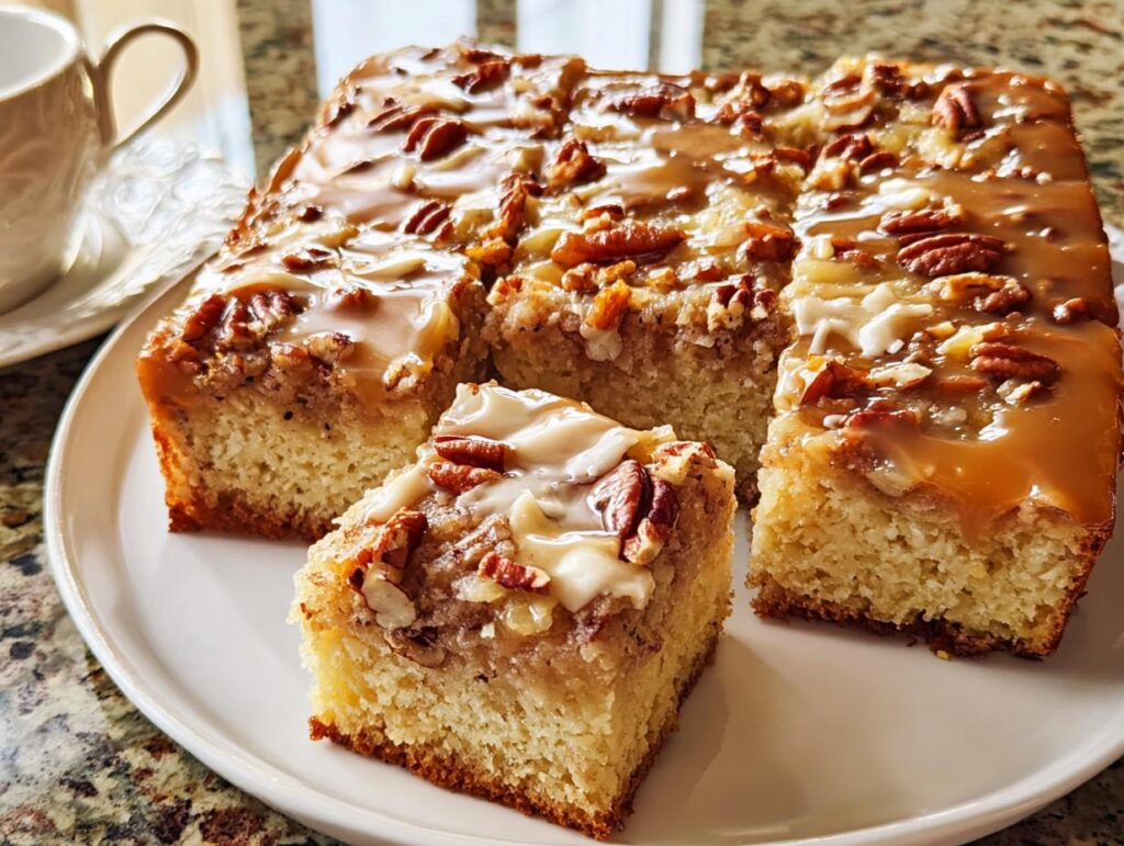 A slice of restaurant-style cake with caramel glaze and pecans, part of Restaurant-Style Cake Ideas Recipes at Home.