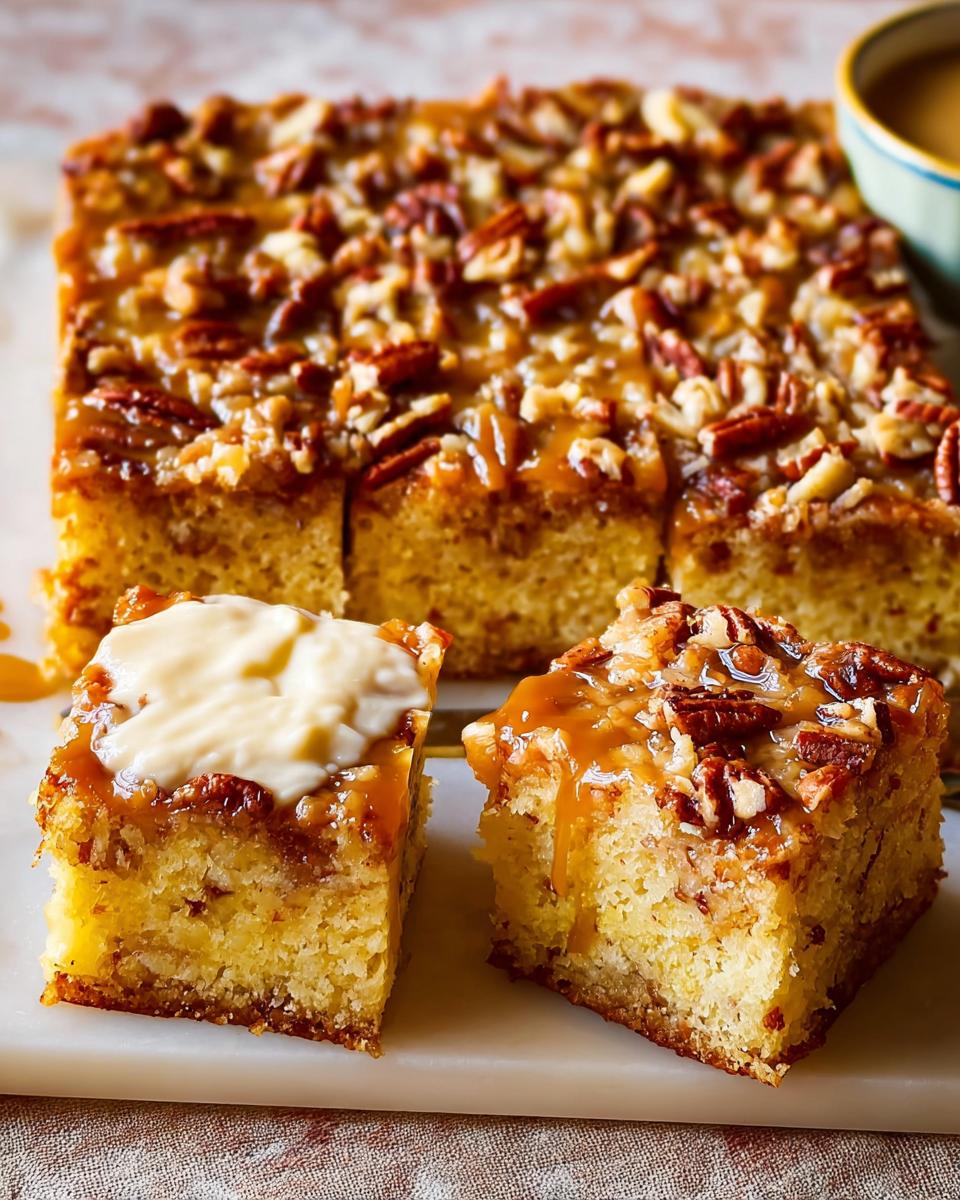 Close-up of a slice of restaurant-style cake with caramel sauce and pecans, topped with a dollop of cream.