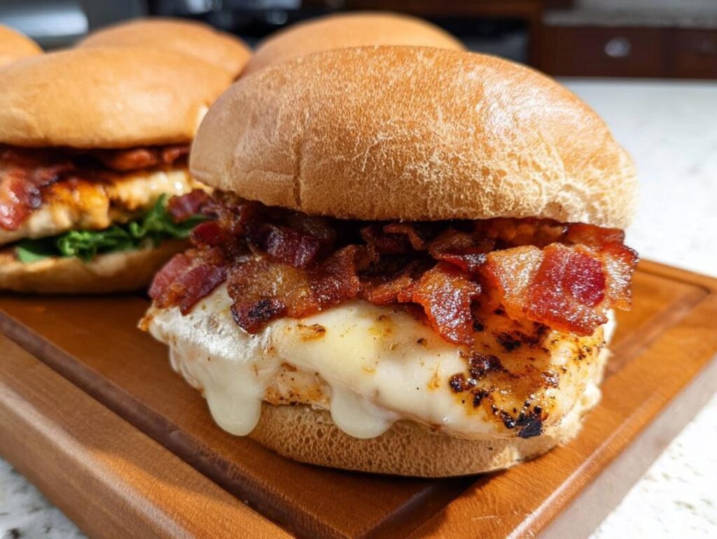 Close-up of a delicious restaurant-style chicken burger with melted cheese and crispy bacon, part of easy dinner recipes.