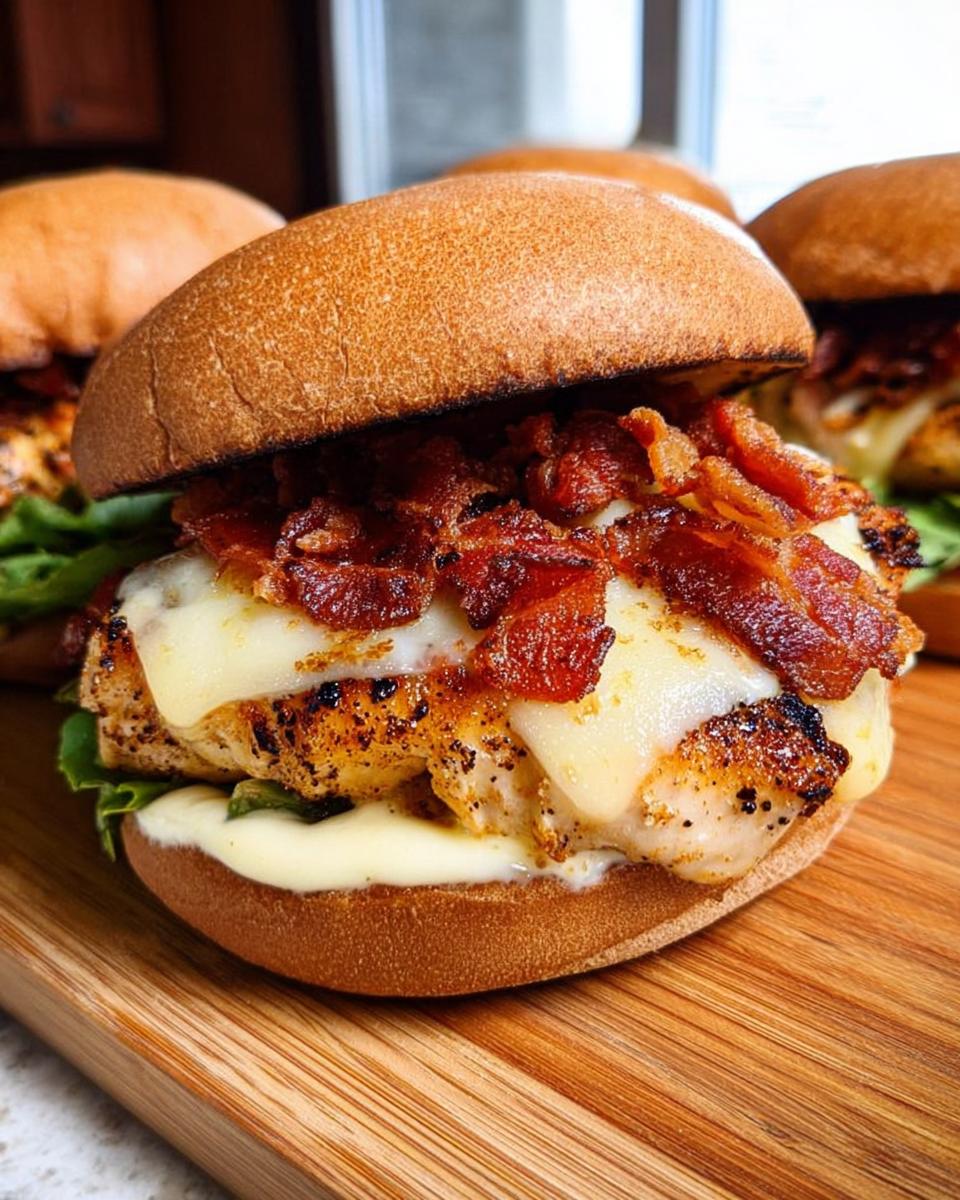 Close-up of a delicious restaurant-style chicken bacon burger, a perfect easy dinner recipe at home.