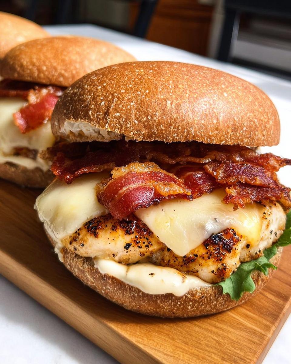 Close-up of a delicious chicken bacon sandwich with melted cheese, served as one of the restaurant-style easy dinner recipes at home.
