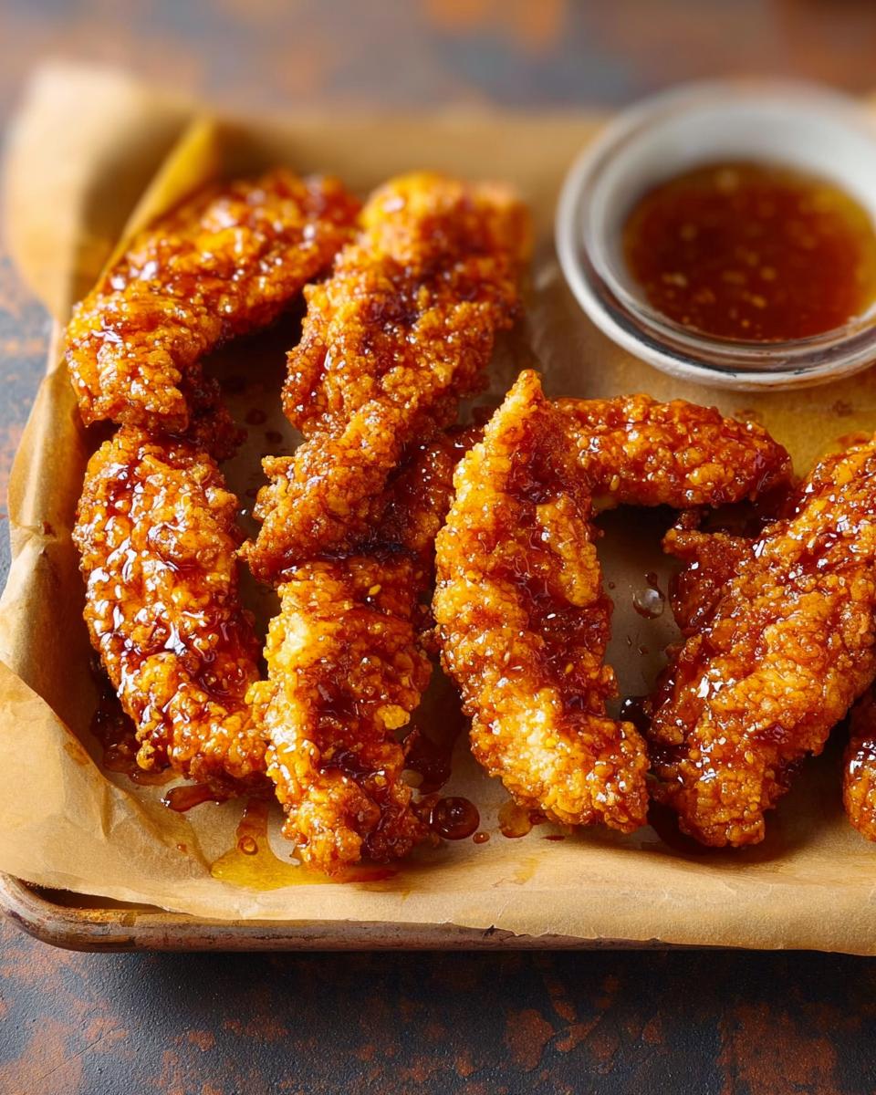 Crispy honey glazed chicken strips served with a small bowl of dipping sauce, a perfect restaurant-style chicken recipe at home.