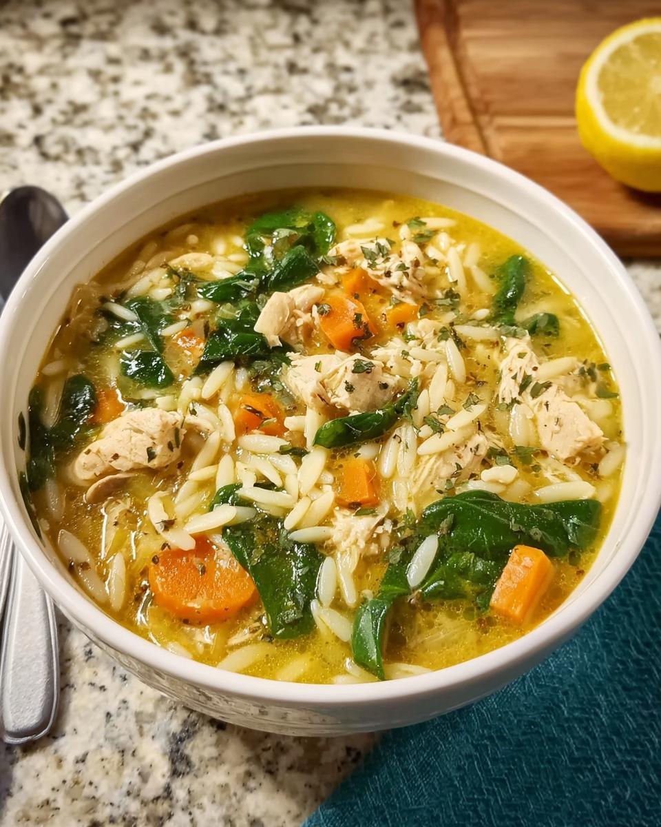 A bowl of restaurant-style chicken orzo soup with carrots and spinach, a perfect example of restaurant soup recipes at home.