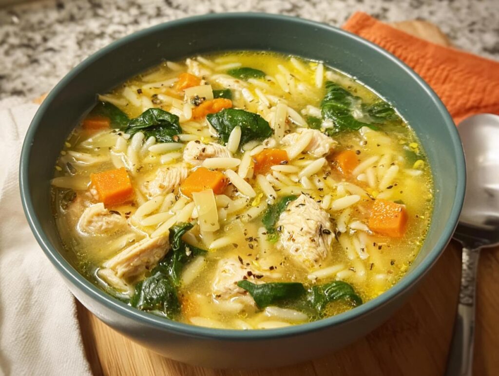 A close-up of a bowl of restaurant-style chicken orzo soup with carrots and spinach, perfect for restaurant soup recipes at home.