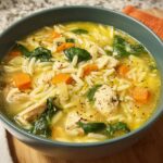 A close-up of a bowl of restaurant-style chicken orzo soup with carrots and spinach, perfect for restaurant soup recipes at home.