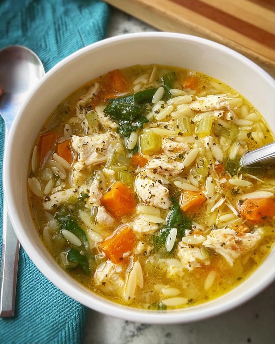 A bowl of restaurant-style chicken orzo soup with carrots, celery, and spinach.