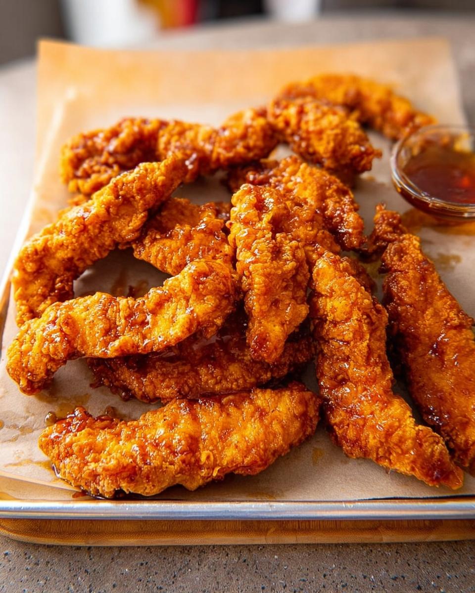 Golden brown, crispy chicken strips coated in a glossy sauce, served on parchment paper with a small bowl of dipping sauce. A perfect example of restaurant-style chicken recipes at home.