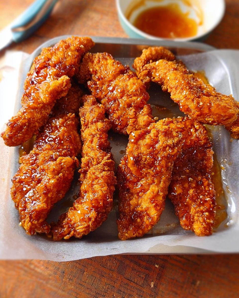 Golden brown, crispy chicken strips coated in a glossy sauce, part of restaurant-style chicken recipes at home.