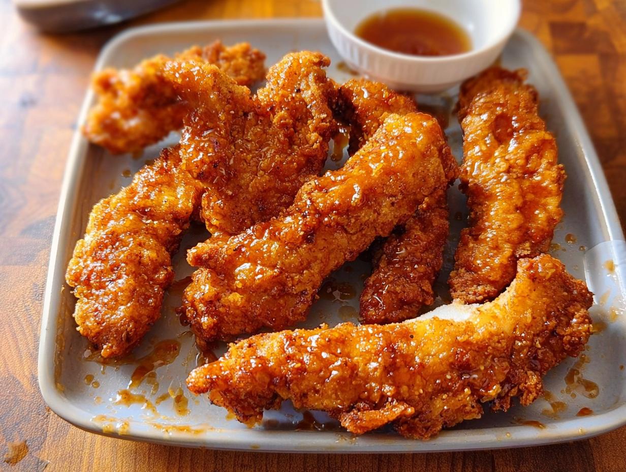 Close-up of crispy, golden-brown chicken strips coated in a glistening honey glaze, served with a small bowl of dipping sauce. A perfect example of restaurant-style chicken recipes at home.