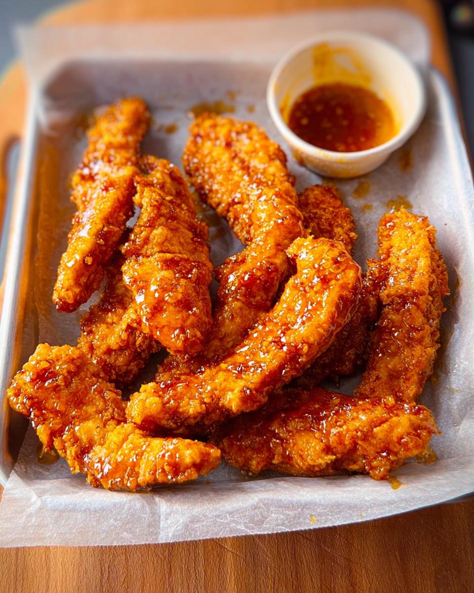 A platter of crispy, golden-brown chicken tenders coated in a glossy honey glaze, served with a small bowl of dipping sauce. Restaurant-Style Chicken Recipes at Home.