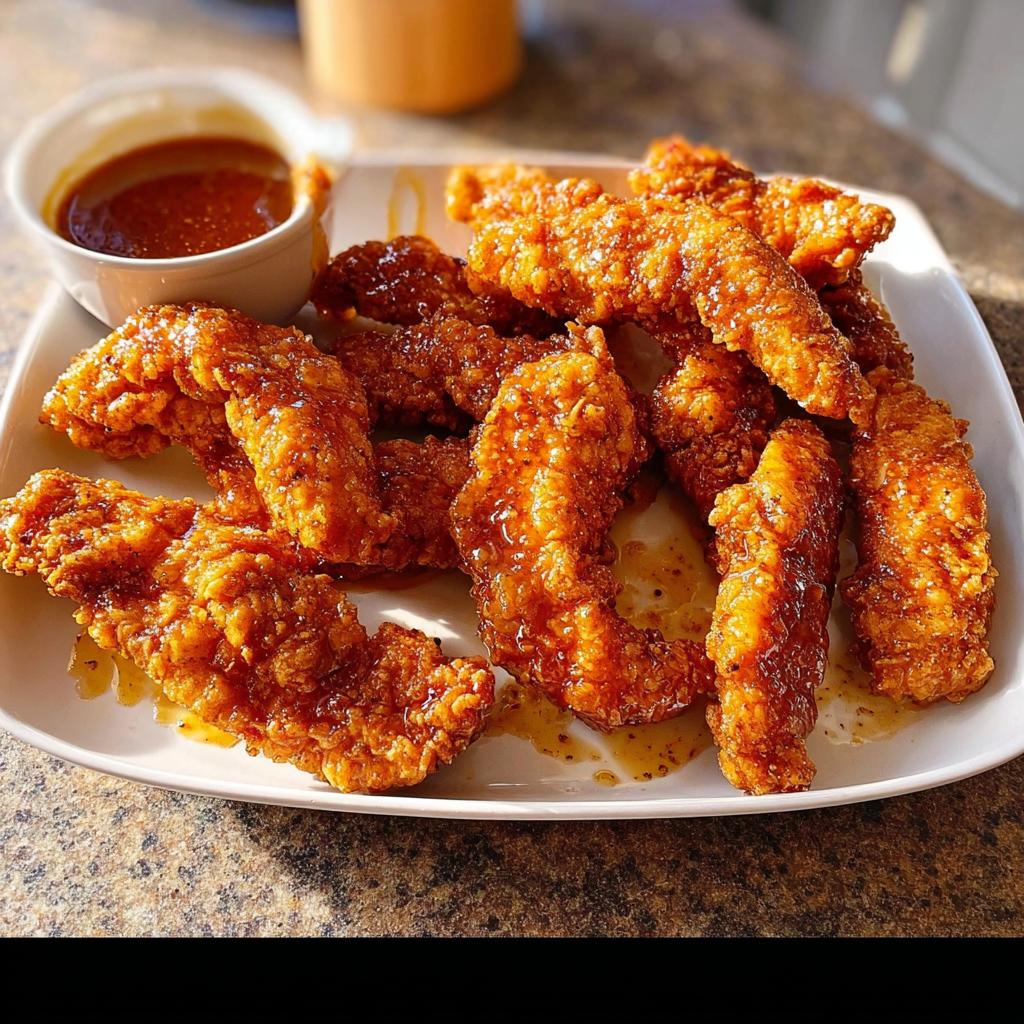 A plate of crispy, golden-brown chicken tenders coated in a glossy sauce, served with a side of dipping sauce. Perfect for restaurant-style chicken recipes at home.