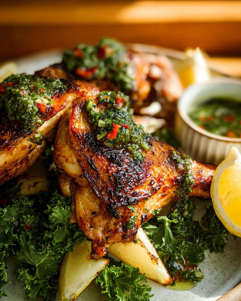 Close-up of juicy, grilled restaurant-style chicken thighs topped with vibrant chimichurri sauce, served over kale and lemon wedges.