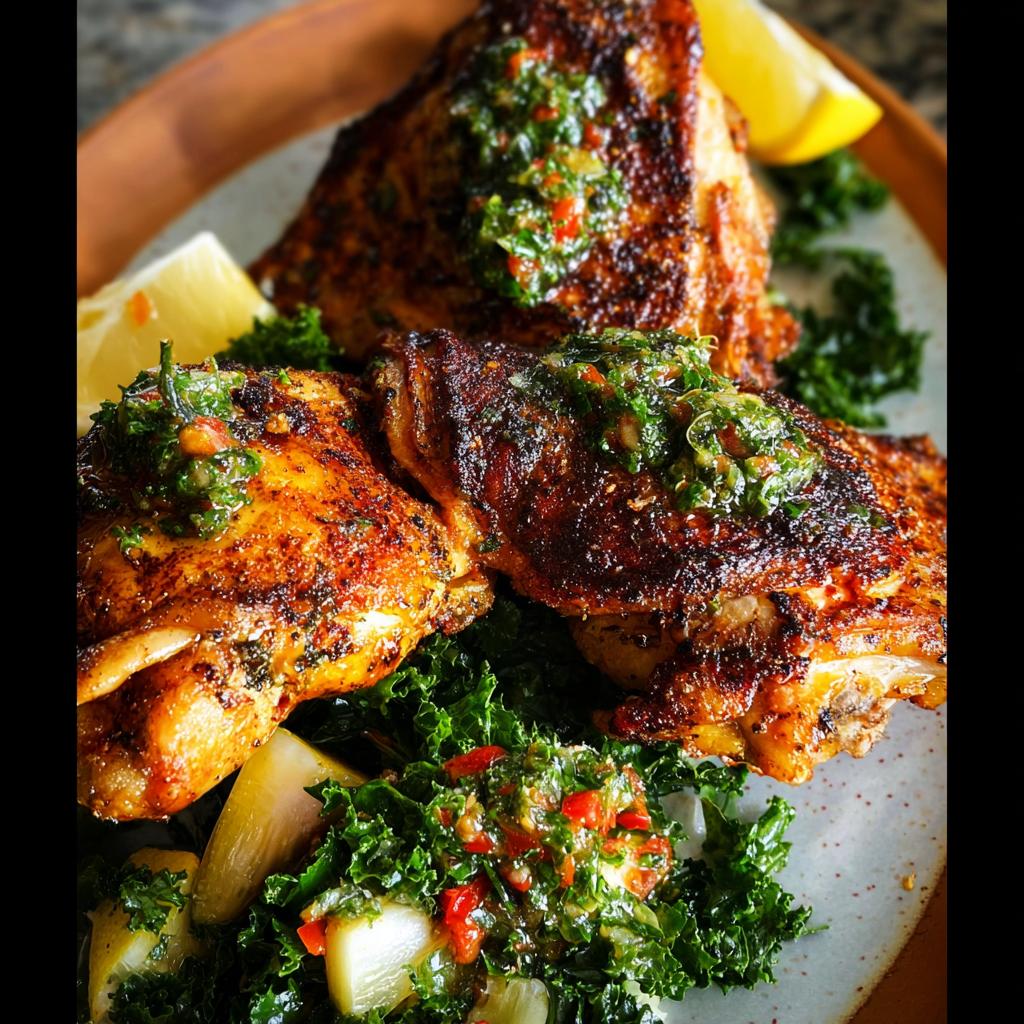 Close-up of juicy, pan-seared chicken thighs topped with vibrant gremolata, served with kale and lemon wedges.
