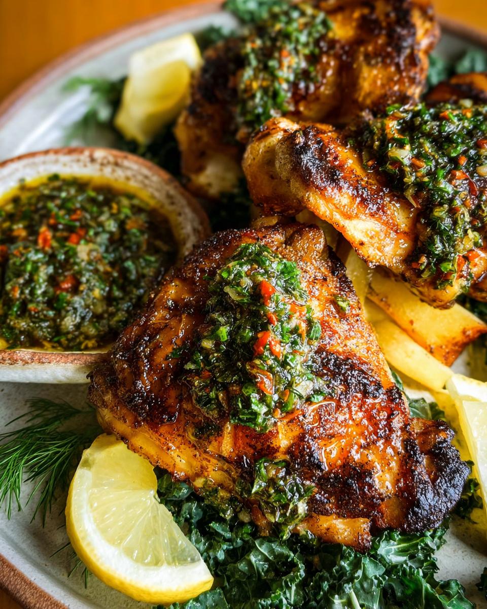 Close-up of juicy, grilled restaurant-style chicken thighs topped with fresh gremolata, served with lemon slices and kale.