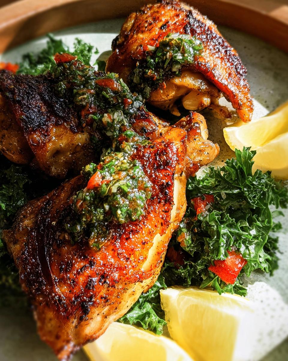 Close-up of perfectly cooked restaurant-style chicken thighs topped with gremolata, served with kale and lemon wedges.