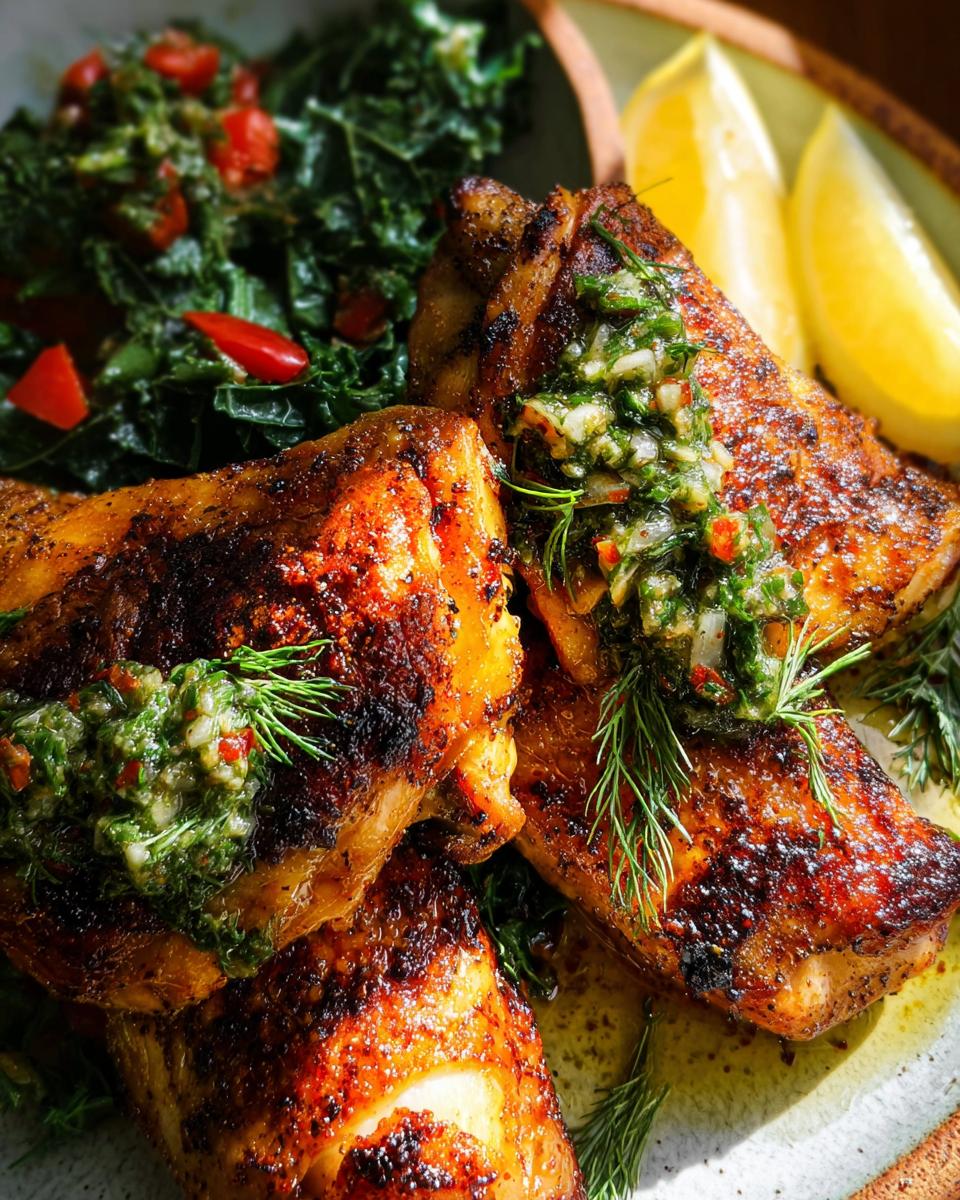 Close-up of perfectly cooked restaurant-style chicken thighs topped with vibrant gremolata and fresh dill.