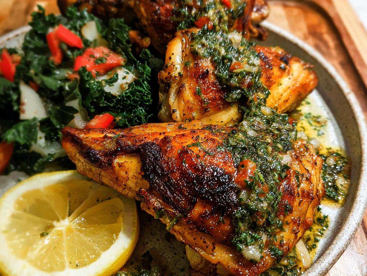 Close-up of juicy, perfectly cooked restaurant-style chicken thighs topped with fresh gremolata and served with a side of kale salad and lemon.