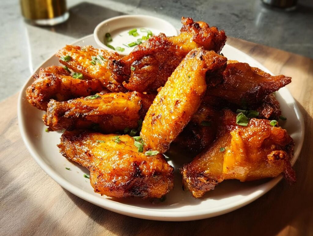A plate of crispy, golden-brown restaurant-style chicken wings with a side of dipping sauce and chives.