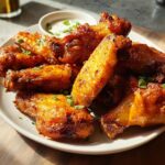 A plate of crispy, golden-brown restaurant-style chicken wings with a side of dipping sauce and chives.