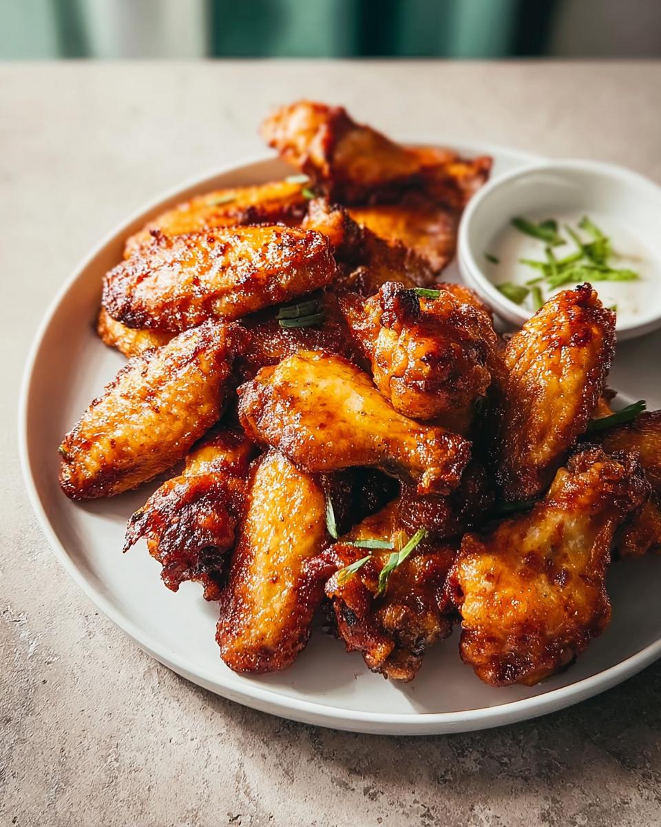 A plate full of crispy, golden-brown restaurant-style chicken wings, served with a small bowl of dipping sauce.