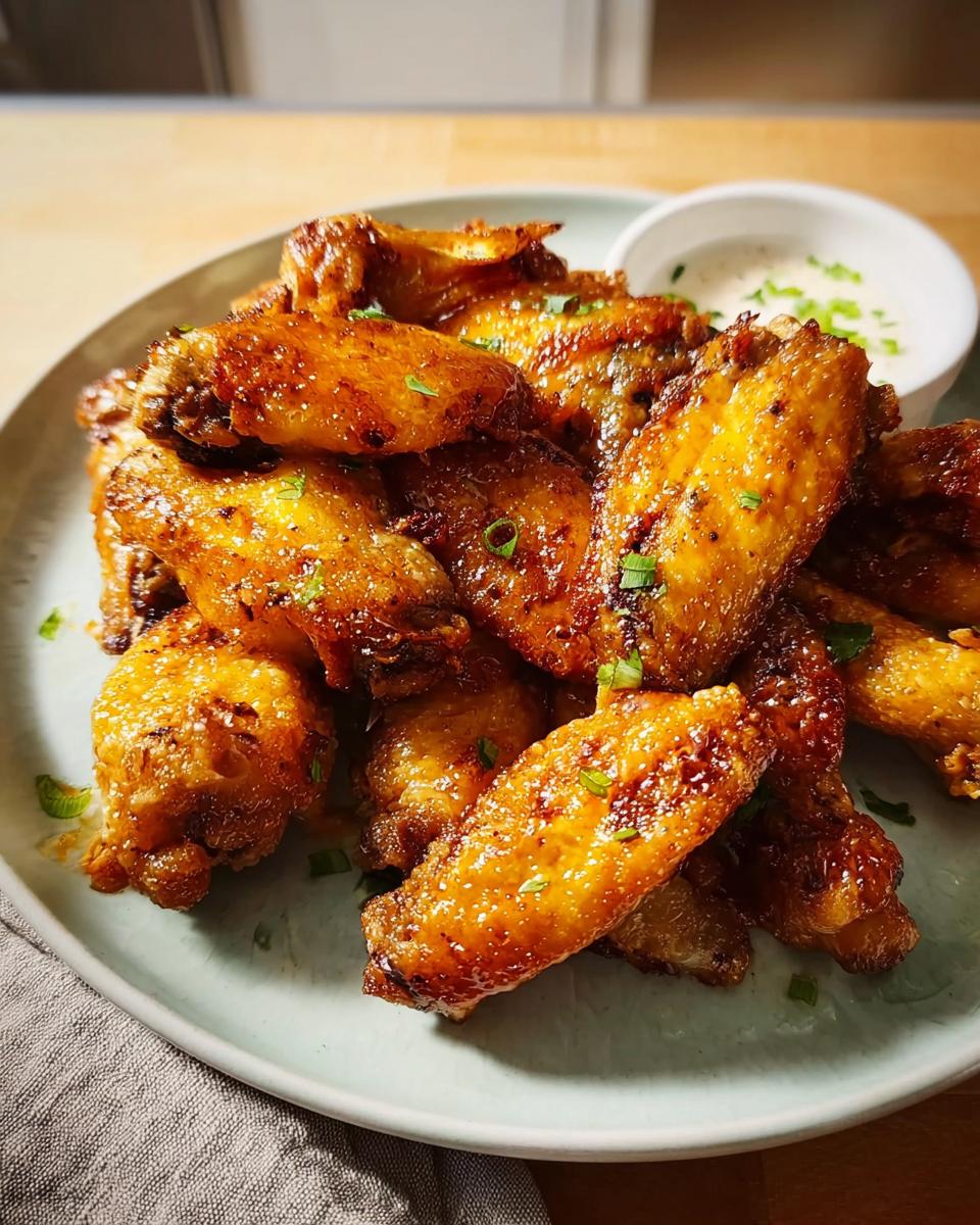 A plate of golden brown, crispy restaurant-style chicken wings, garnished with chives, served with a side of dipping sauce.