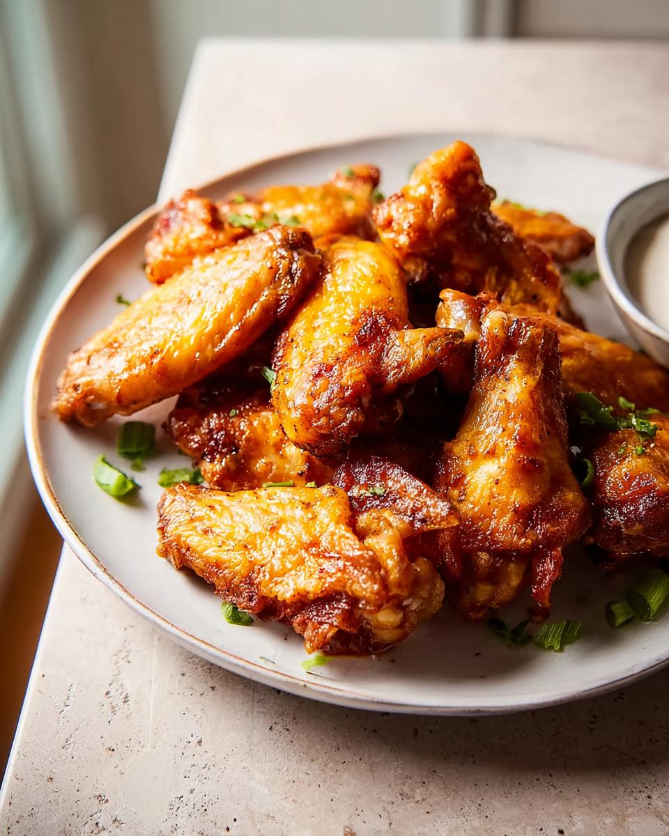 A plate of golden-brown, crispy restaurant-style chicken wings, garnished with green onions.