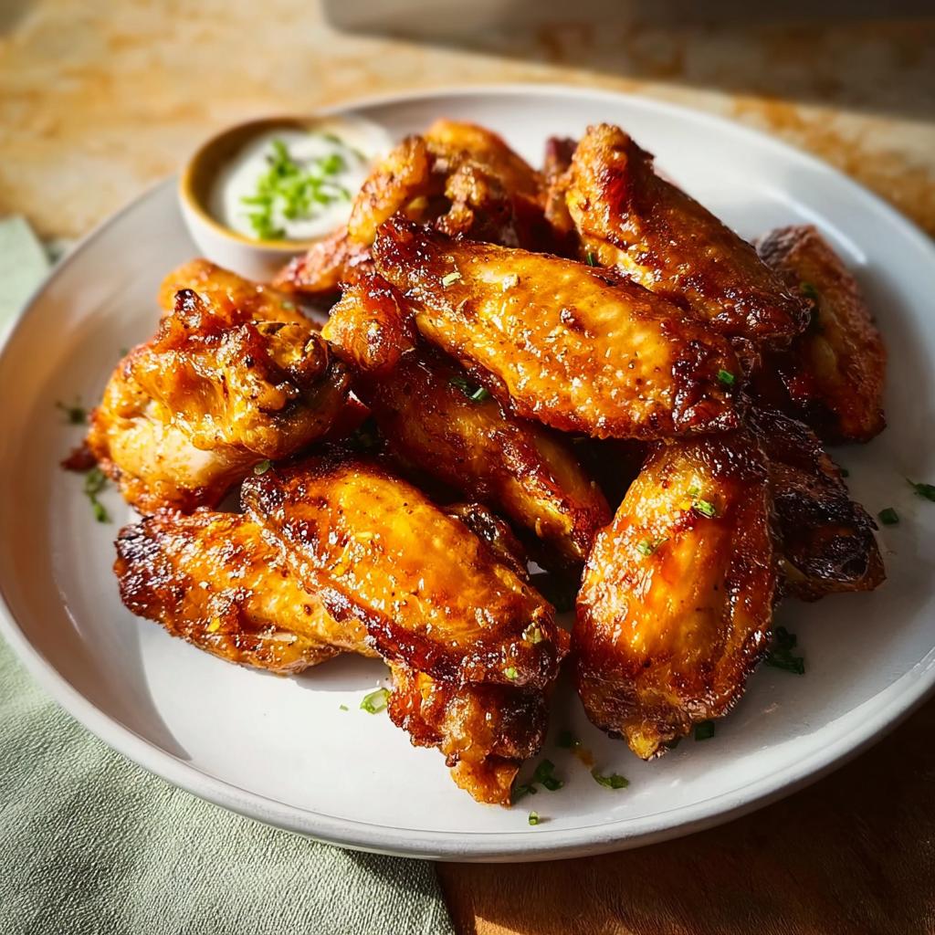 A plate of glistening, crispy restaurant-style chicken wings, served with a side of dipping sauce.