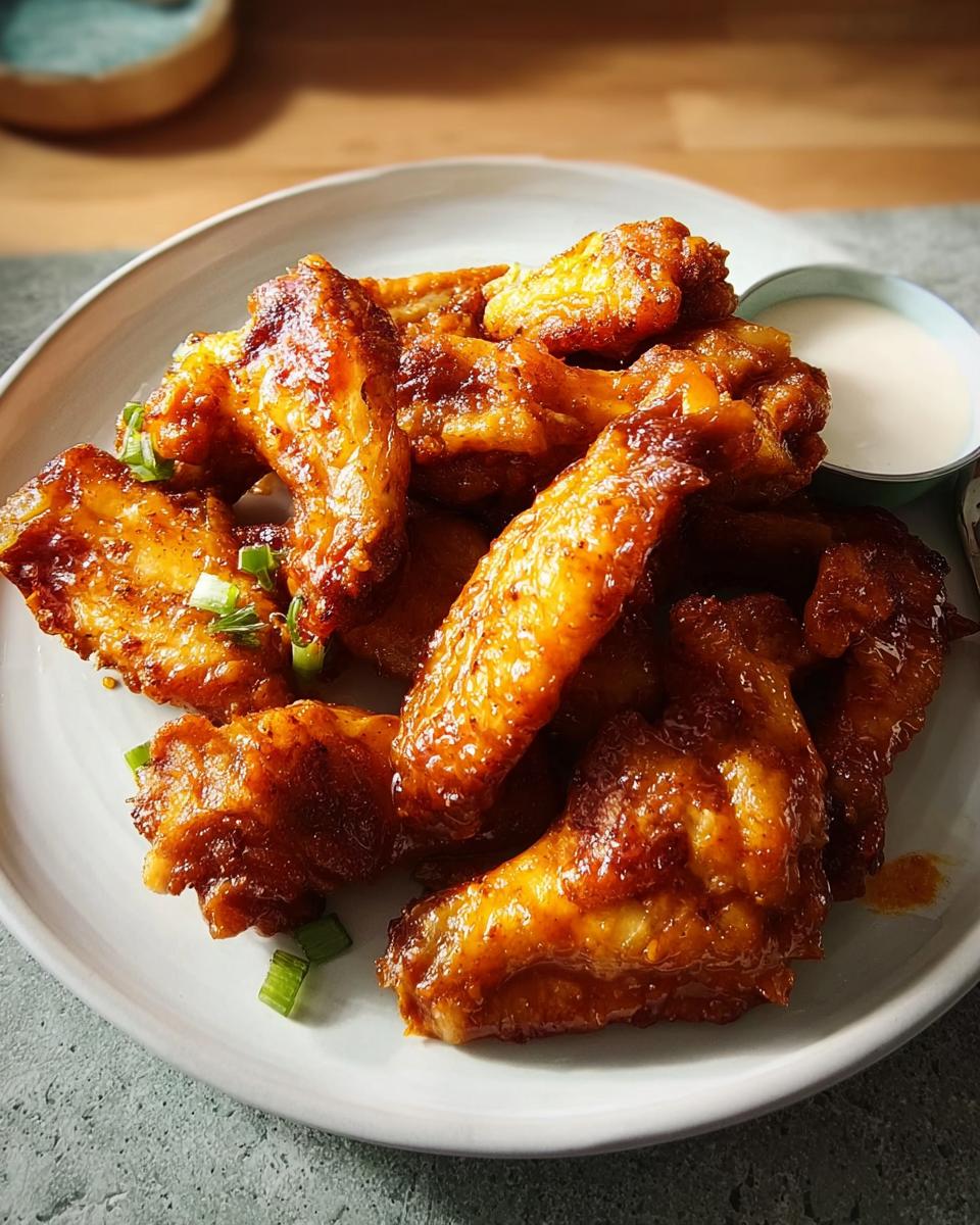 A plate of glossy, restaurant-style chicken wings, garnished with chopped green onions, served with a side of dipping sauce.