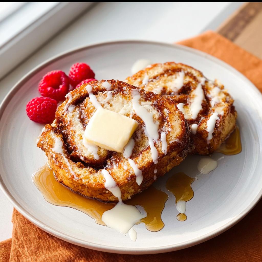 Two slices of cinnamon roll French toast topped with butter, icing, and syrup, served with raspberries. Restaurant-Style Breakfast Ideas Recipes at Home.
