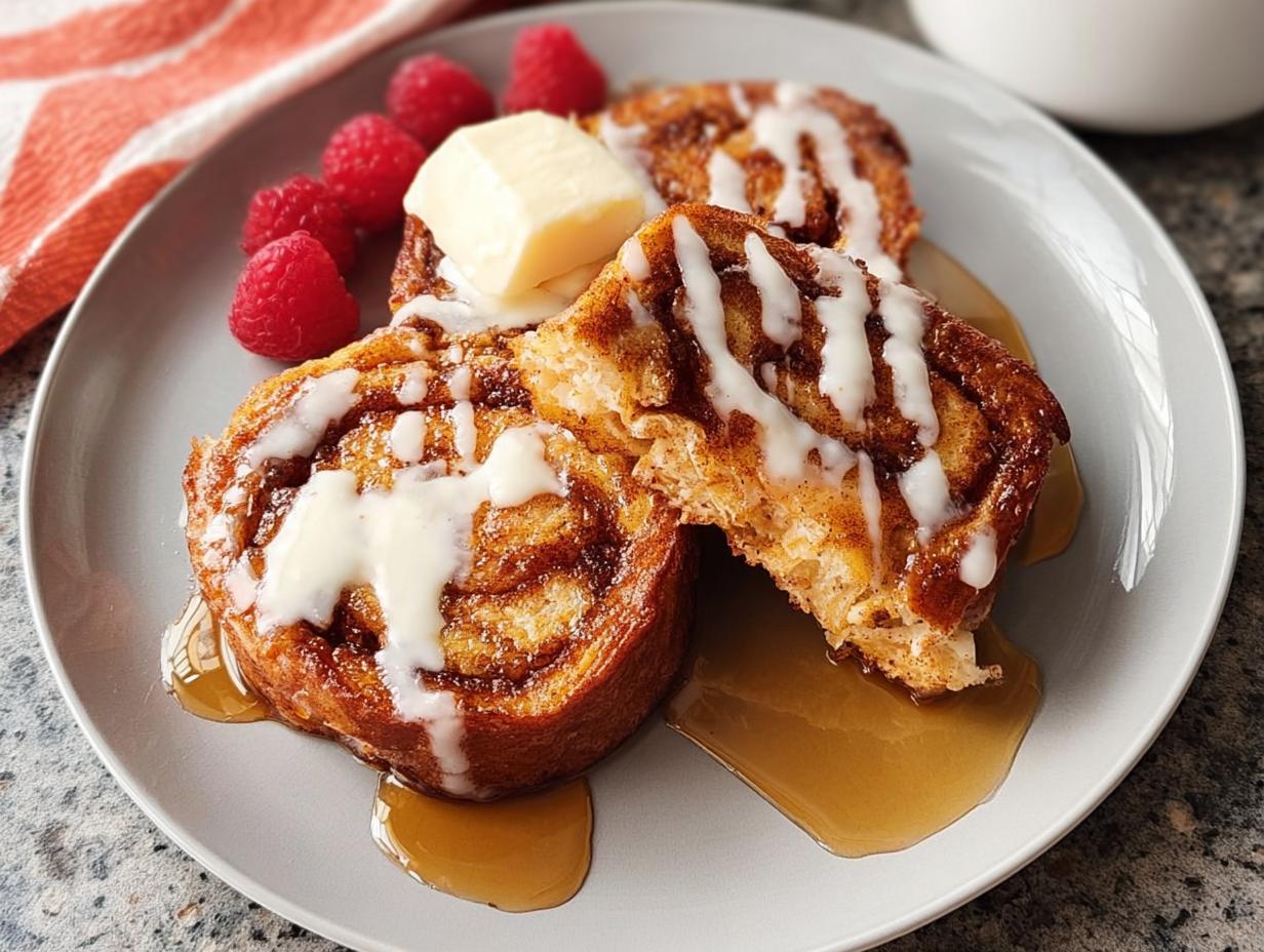 Close-up of restaurant-style cinnamon roll French toast, drizzled with icing and syrup, with raspberries and butter.