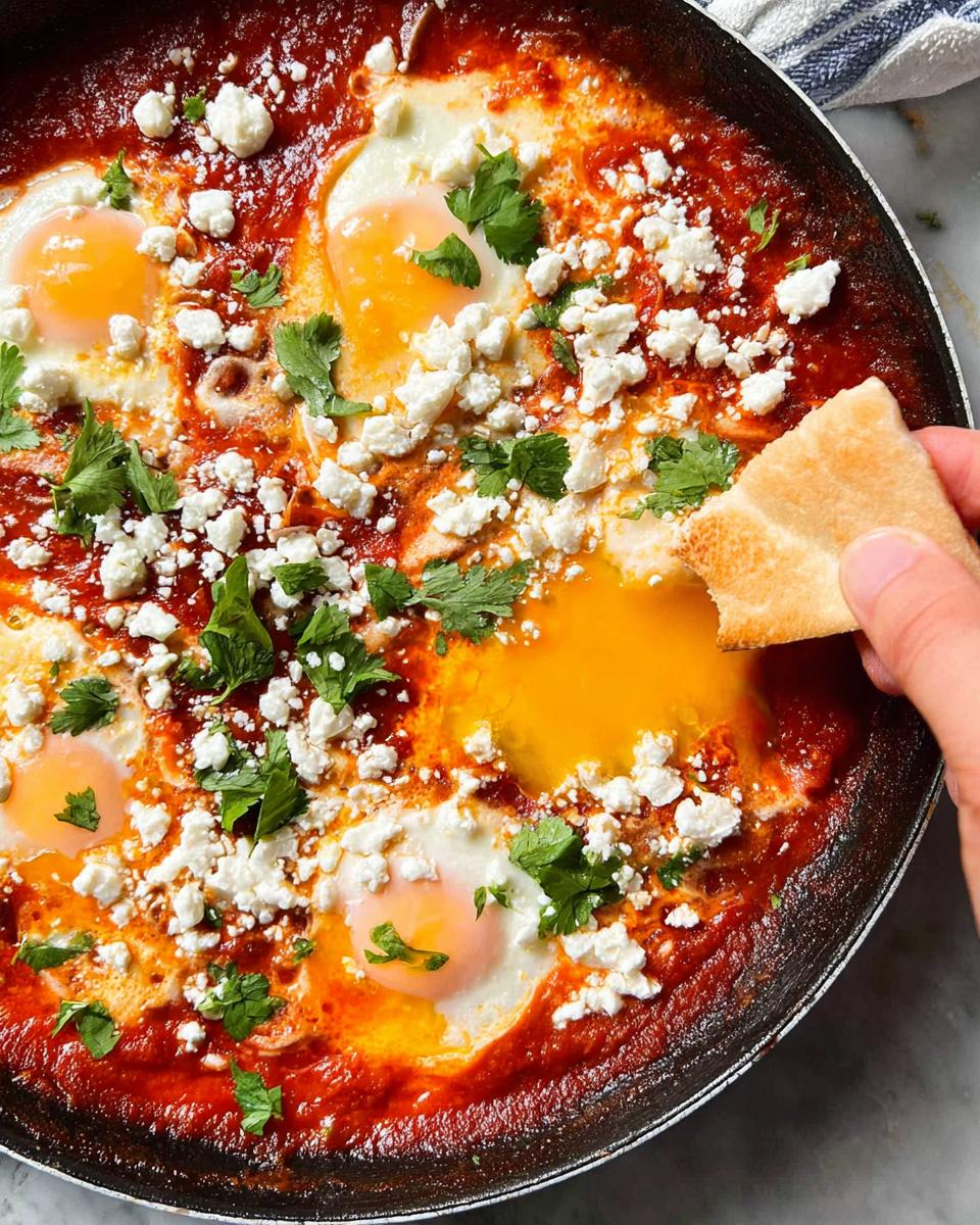 A hand dips pita bread into a skillet of bubbling shakshuka, a restaurant-style egg recipe with eggs poached in tomato sauce and topped with feta.