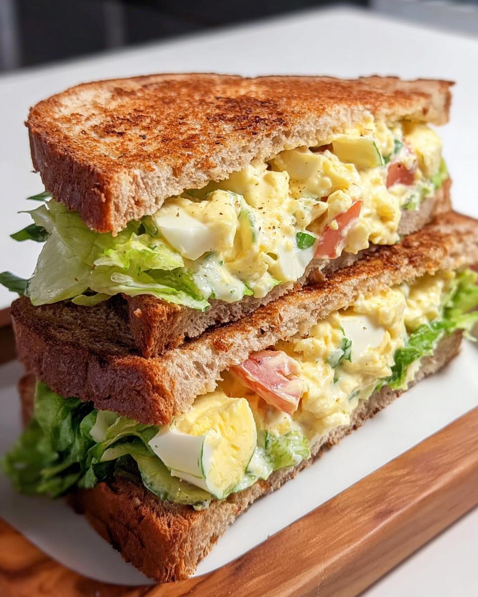A delicious restaurant-style egg salad sandwich with lettuce and tomato on toasted bread.