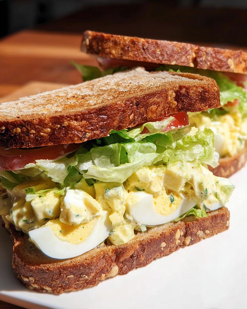 Close-up of a restaurant-style egg salad sandwich with lettuce and tomato on whole wheat bread.
