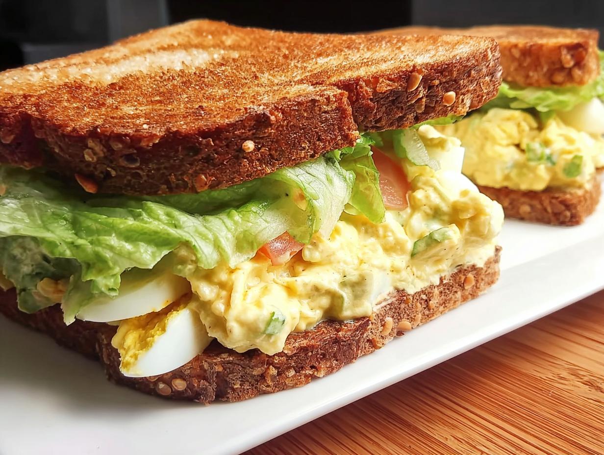 A close-up of a restaurant-style egg salad sandwich with lettuce, tomato, and sliced hard-boiled eggs on whole wheat bread.