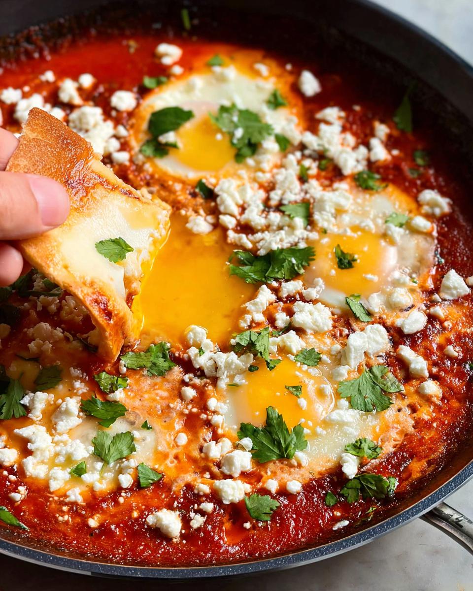 A hand dips crusty bread into a pan of restaurant-style eggs, shakshuka, with runny yolks and feta cheese.