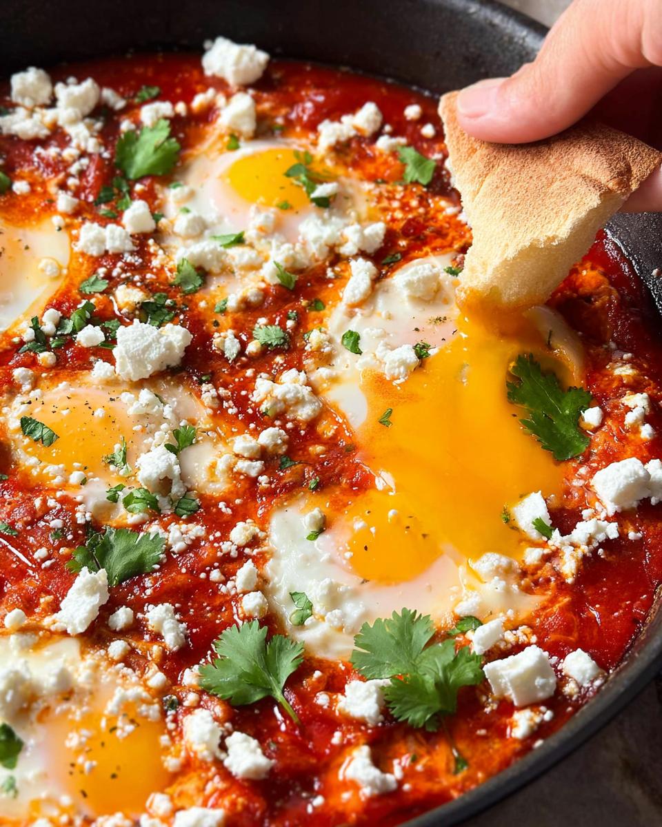 A hand dips bread into a pan of restaurant-style eggs, shakshuka with feta cheese and cilantro.