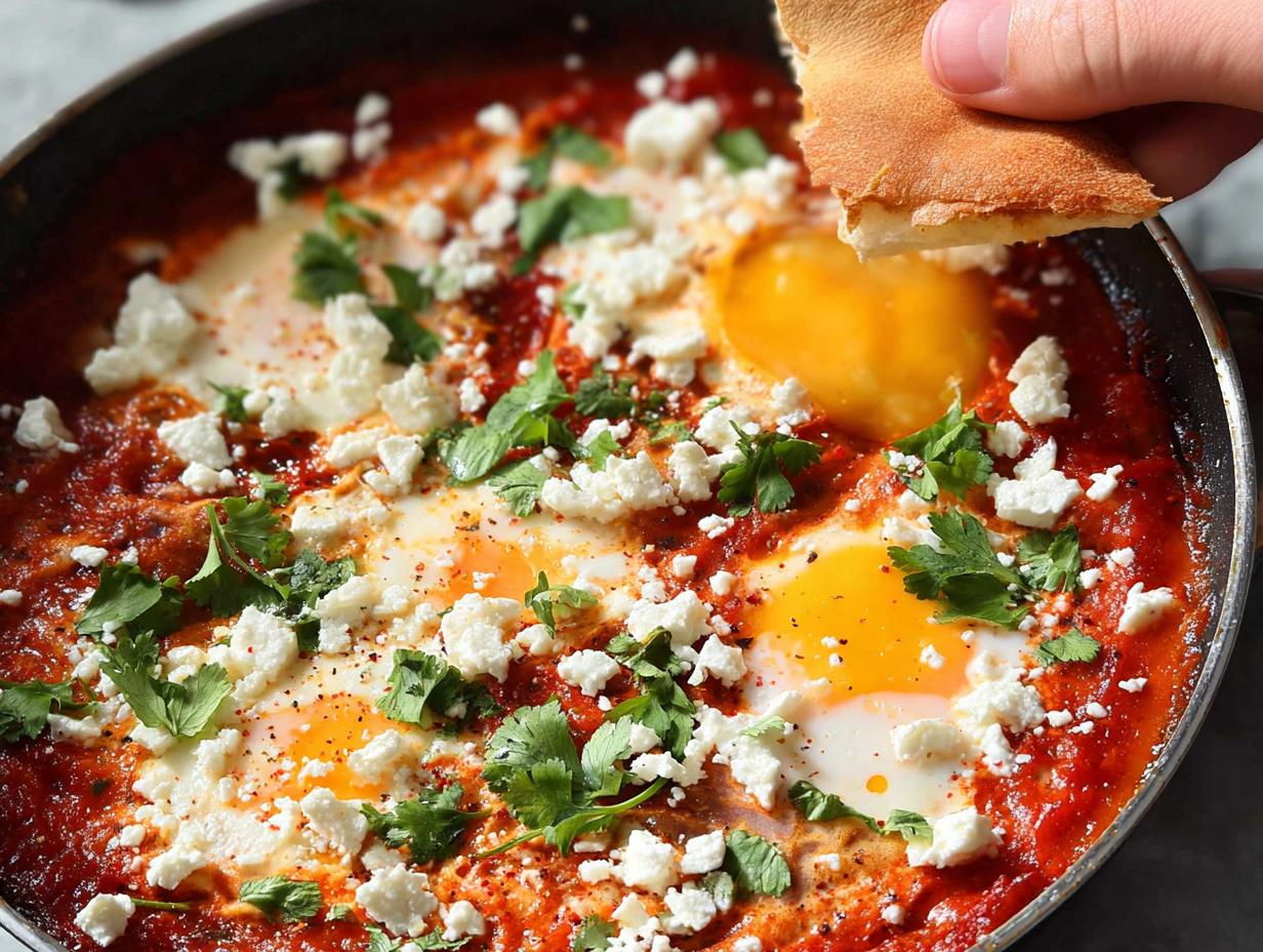 A hand dips a piece of bread into a pan of restaurant-style eggs, also known as Shakshuka, with feta and cilantro.