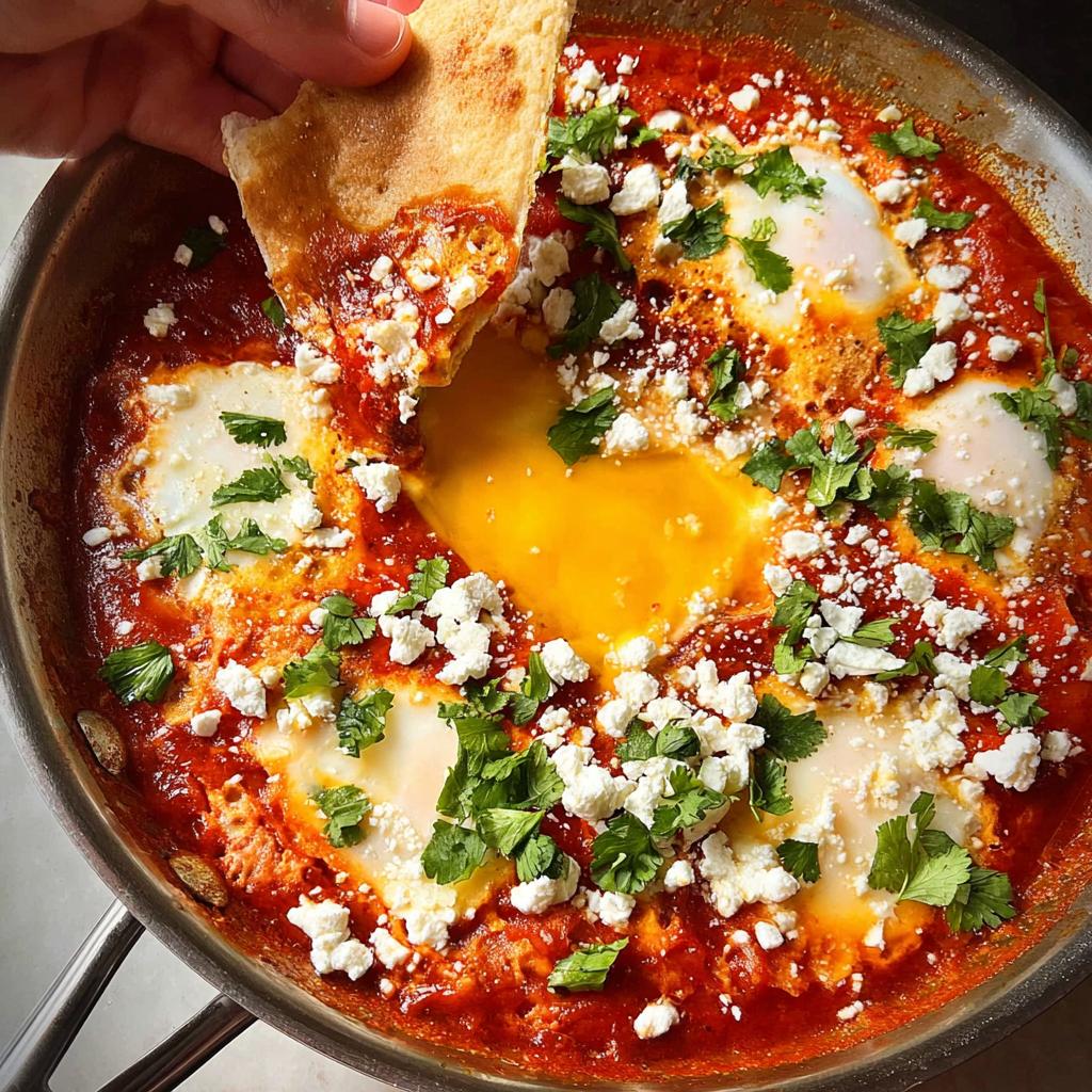 A hand dips pita bread into a pan of restaurant-style eggs, shakshuka with feta and cilantro.