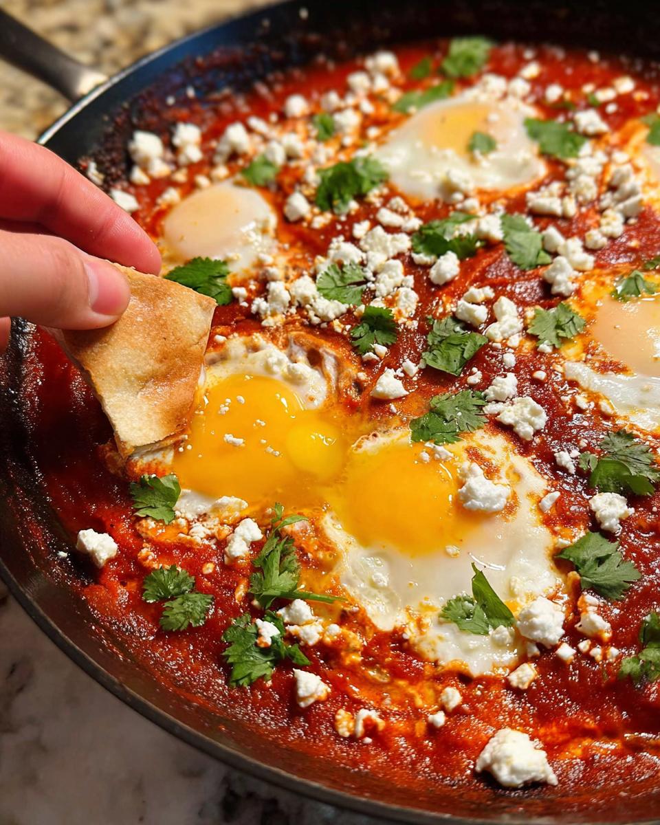 A hand dips a piece of bread into a pan of restaurant-style eggs poached in a rich tomato sauce, topped with feta cheese and cilantro.