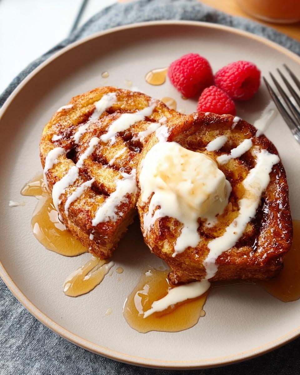 Two slices of cinnamon swirl French toast topped with whipped cream, raspberries, and syrup, part of Restaurant-Style Breakfast Ideas Recipes at Home.