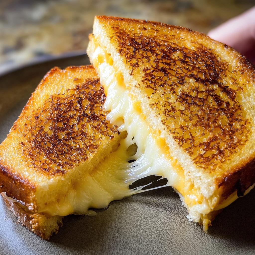 Close-up of a perfectly grilled cheese sandwich, with melted cheese oozing out, showcasing restaurant-style grilled cheese recipes at home.