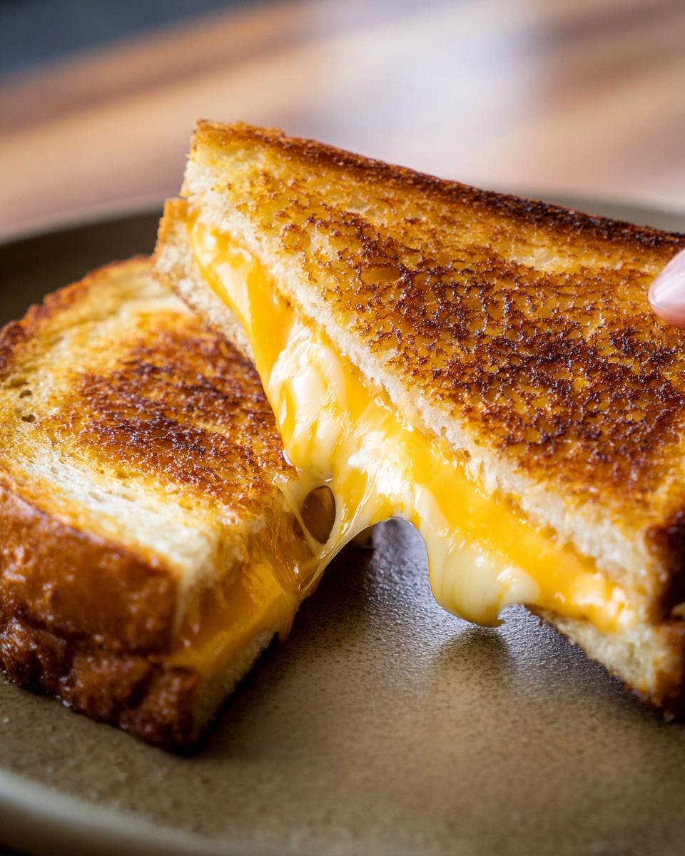 Close-up of a perfectly grilled cheese sandwich, cut in half, with melted cheese oozing out. Restaurant-Style Grilled Cheese Recipes at Home.