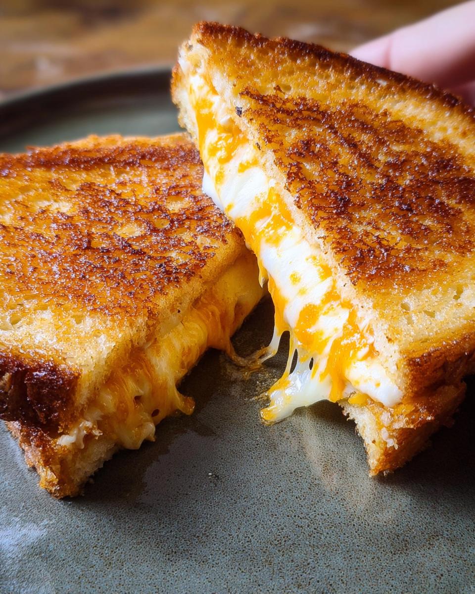 Close-up of a perfectly grilled cheese sandwich, cut in half, with melted cheese oozing out. Restaurant-Style Grilled Cheese Recipes at Home.