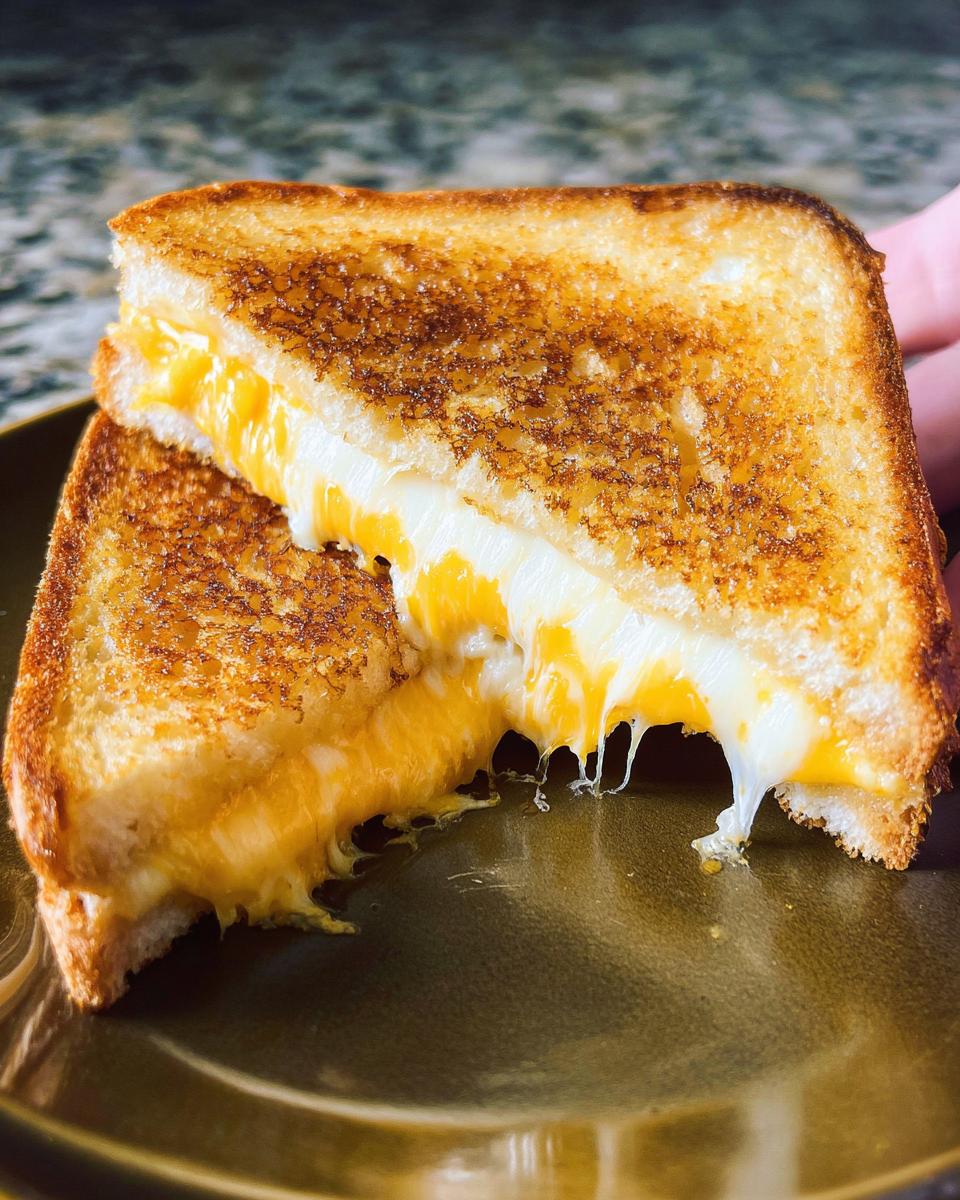 Close-up of a restaurant-style grilled cheese sandwich, cut in half, with melted cheese oozing out.