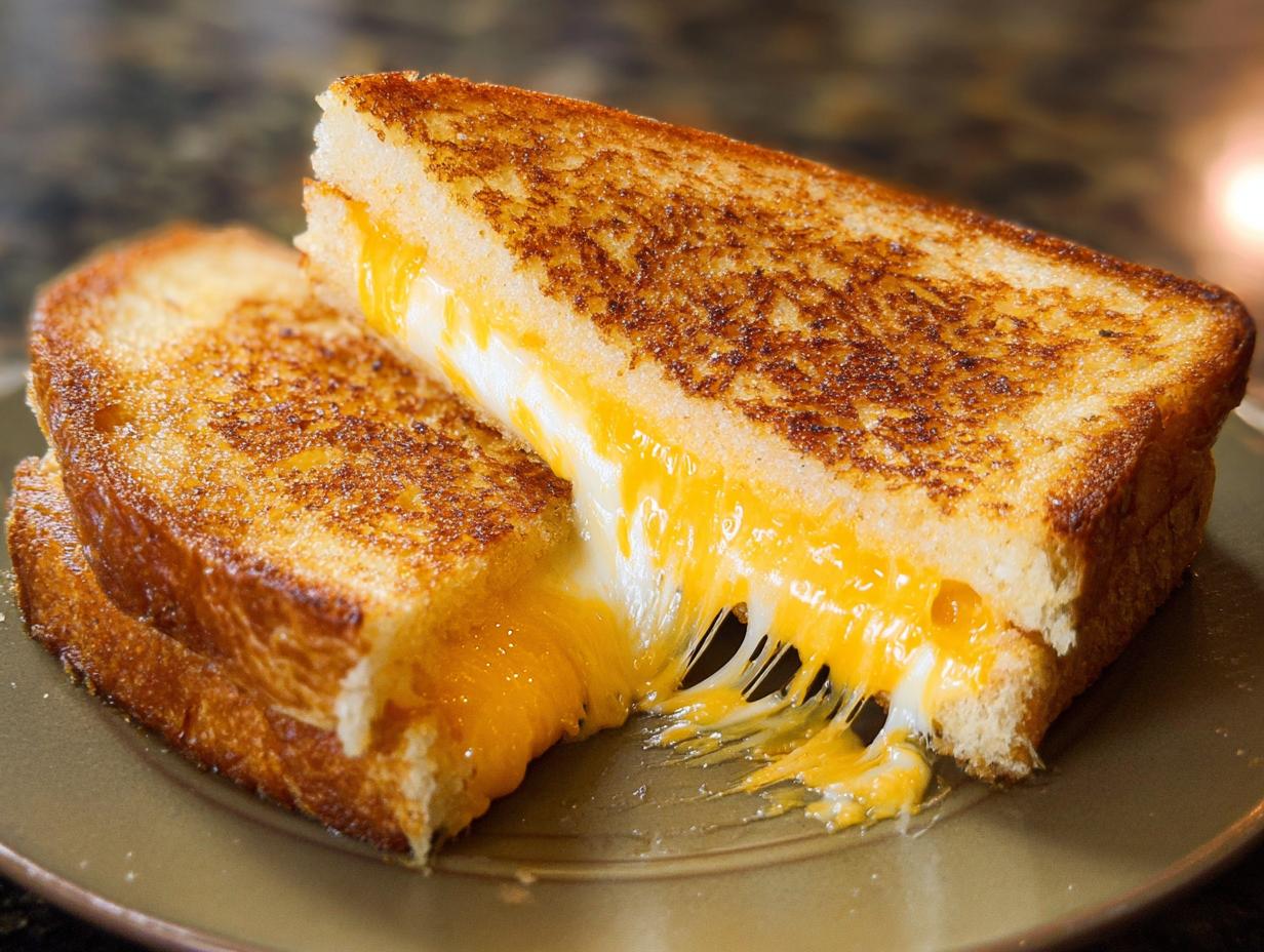 Close-up of a restaurant-style grilled cheese sandwich with melted cheese oozing out.
