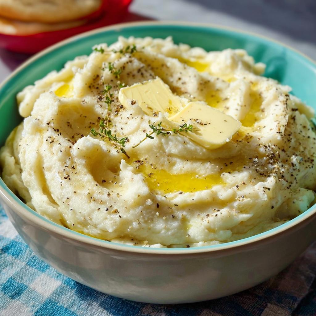 Close-up of creamy Restaurant-Style Mashed Potatoes topped with butter, herbs, and cracked black pepper.